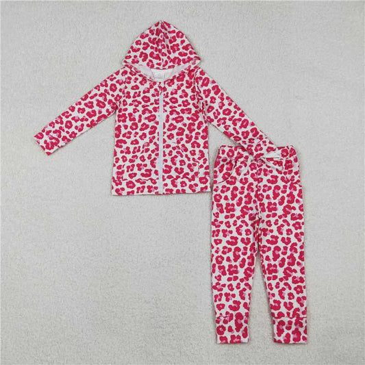 X11.8 GLP2790 Rose Red Leopard Print Zipper Hooded Long-Sleeve Pants Suit
