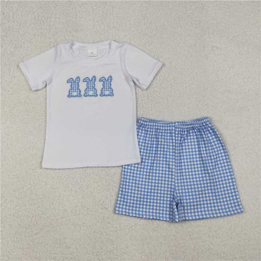 X12.8 BSSO1123 Embroidered Easter Bunny White Short-Sleeve T-Shirt and Blue Plaid Shorts Set