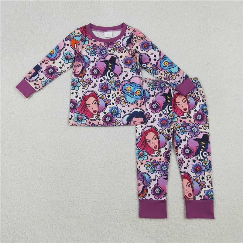 X11.3  GLP2917 Kpop Flower Music Cartoon Purple Long-Sleeved Pants Pajama Set