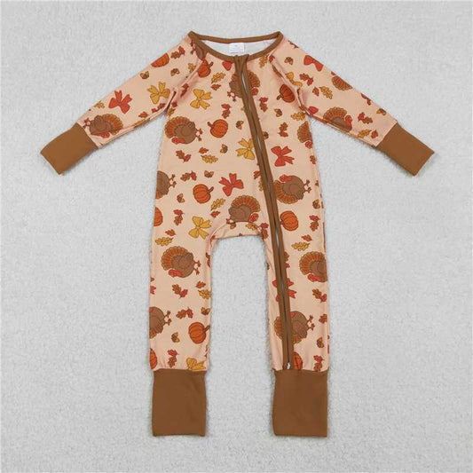 X11.10  LR2689 Turkey Pumpkin Bow Pattern Zipper Long-Sleeved Jumpsuit