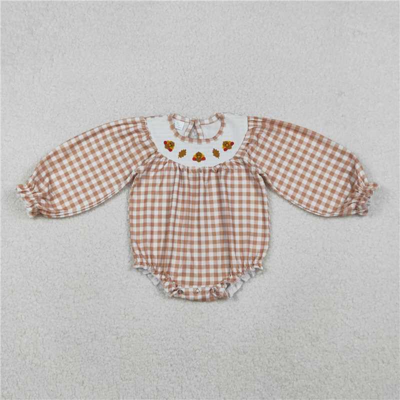 X11.6  LR2205 smocked embroidered turkey leaf brown and white checkered long-sleeved jumpsuit
