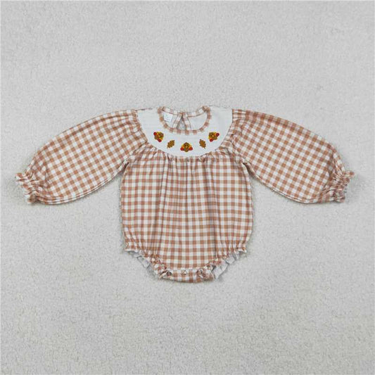 X11.6  LR2205 smocked embroidered turkey leaf brown and white checkered long-sleeved jumpsuit