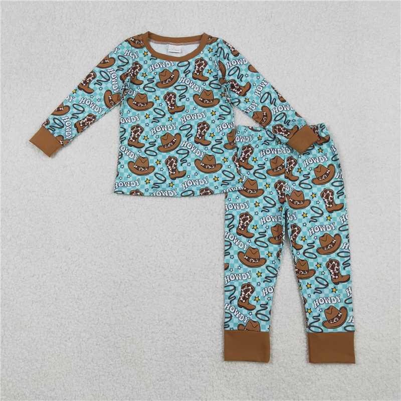 X11.8  BLP1207 Howdy Cowboy Hat Boots Blue-Green Plaid Long-Sleeved Pants Pajama Set