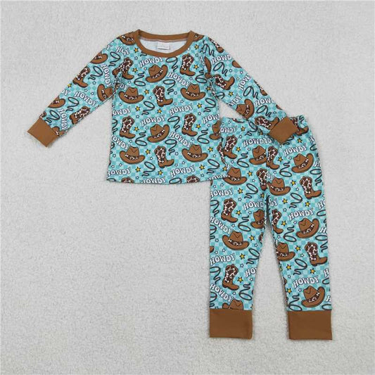 X11.8  BLP1207 Howdy Cowboy Hat Boots Blue-Green Plaid Long-Sleeved Pants Pajama Set