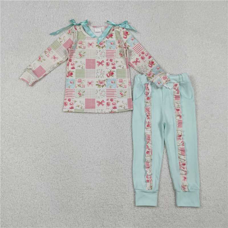 X11.3  GLP2551 Floral Plaid Bow Long-Sleeved Lace Trousers Set