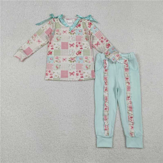 X11.3  GLP2551 Floral Plaid Bow Long-Sleeved Lace Trousers Set