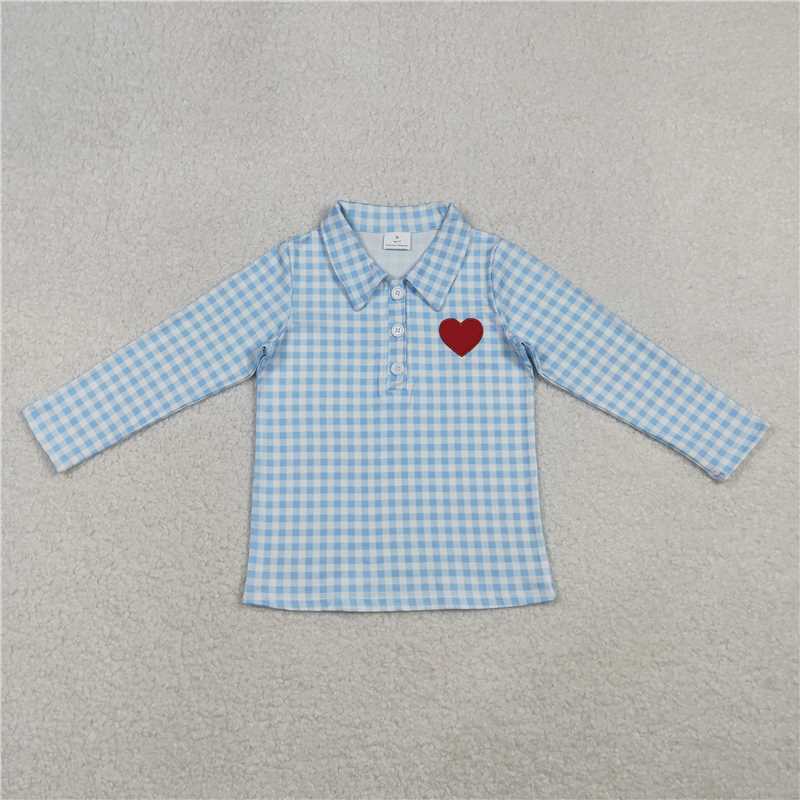 X12.9  BT1386 Embroidered Valentine's Day Heart Blue and White Checkered Button-Down Long-Sleeved Top