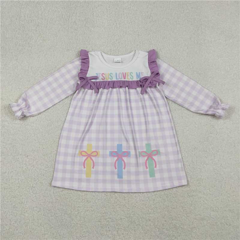 X11.4  Jesus Loves Me Purple Dress with Bow Pattern and Cross