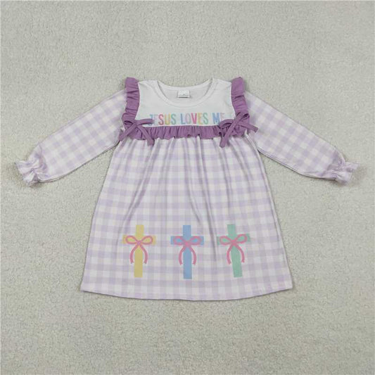 X11.4  Jesus Loves Me Purple Dress with Bow Pattern and Cross
