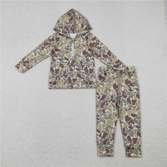 X11.11  BLP1266 Light Brown-Green Camouflage Pocket Zipper Hooded Long-Sleeved Pants Suit