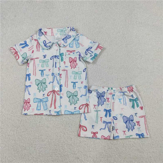 X11.7GSSO2217 Colorful Bow Pattern White Short-Sleeve Shorts Pajama Set