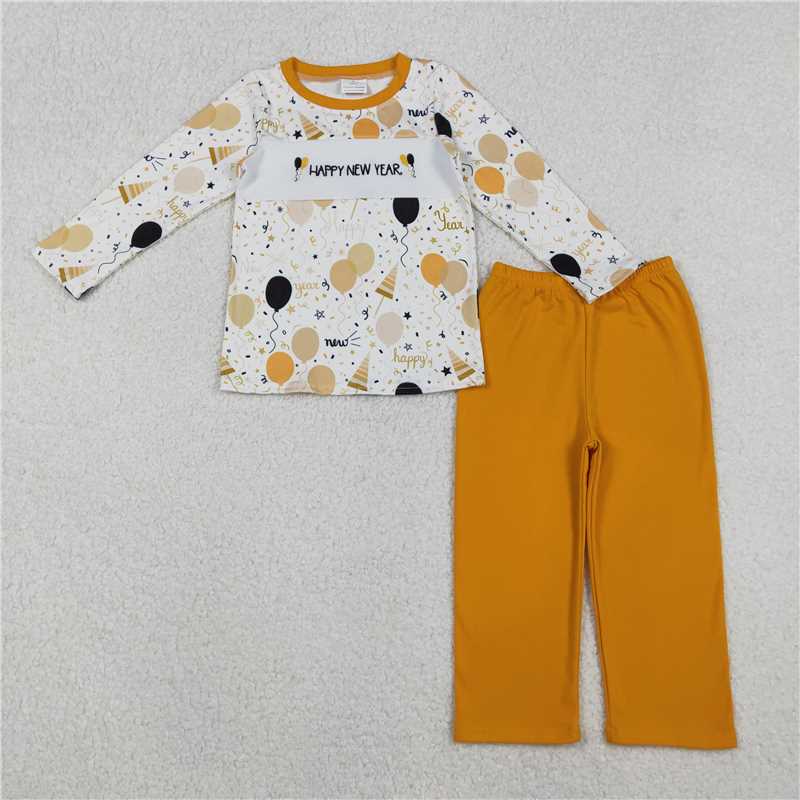 X11.10 BLP1299 Embroidered Happy New Year Balloon Boy Long-Sleeved Pants Set