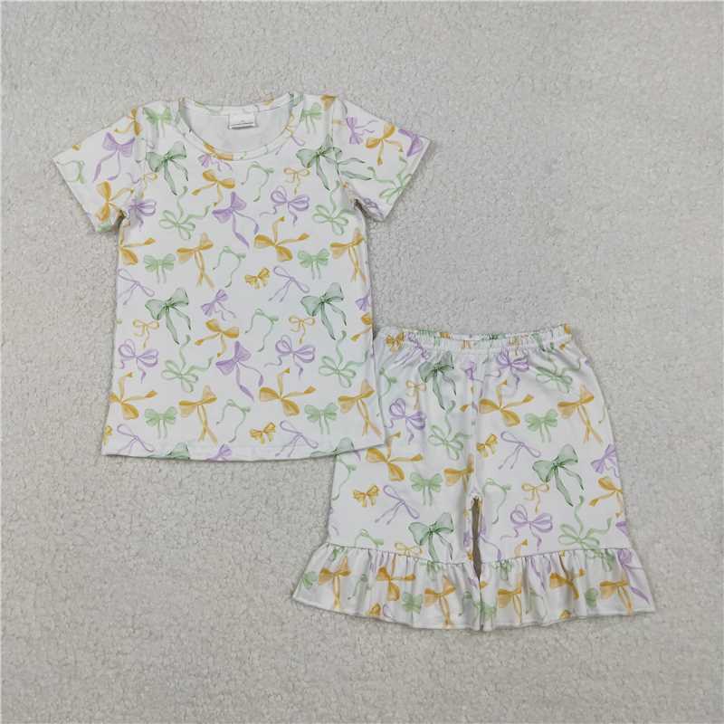 X11.7 GSSO2717 Carnival Bow Pattern White Short-Sleeve Shorts Pajama Set