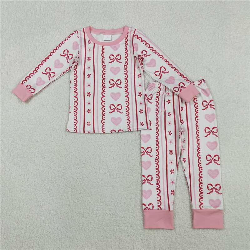 X11.5  GLP2984 Heart-shaped Bow Pattern Floral Striped Beige Long-Sleeved Pants Pajama Set