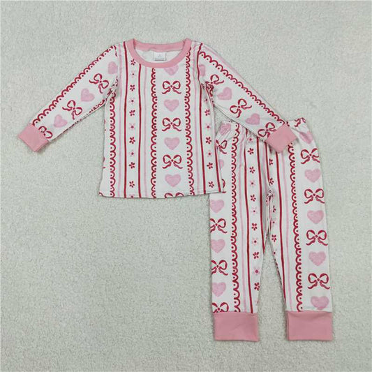 X11.5  GLP2984 Heart-shaped Bow Pattern Floral Striped Beige Long-Sleeved Pants Pajama Set