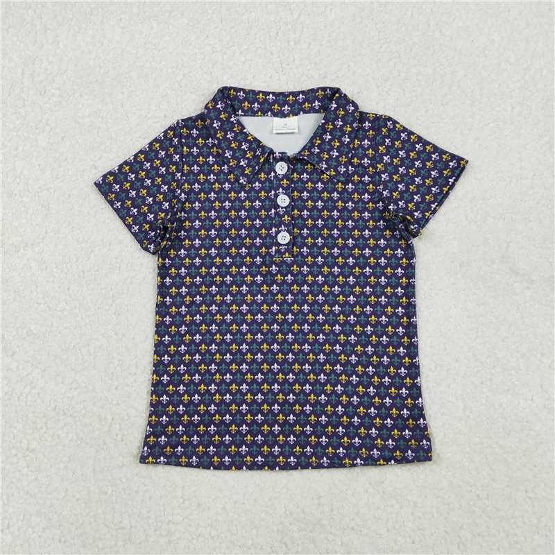 X11.8  BT1356 Carnival Pattern Purple Button-Down Short-Sleeve Top