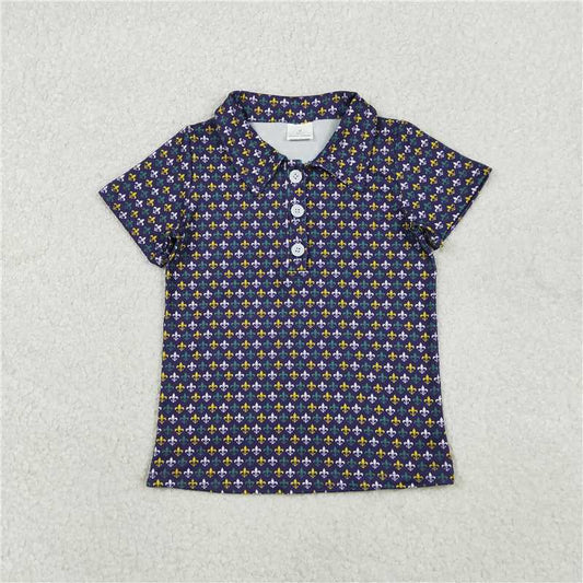 X11.8  BT1356 Carnival Pattern Purple Button-Down Short-Sleeve Top