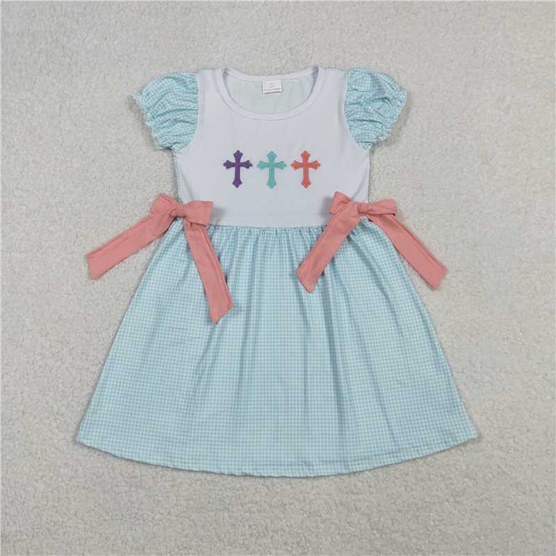 X12.2GSD2807 Embroidered Easter Cross Pink Bow Blue Plaid Short-Sleeve Dress