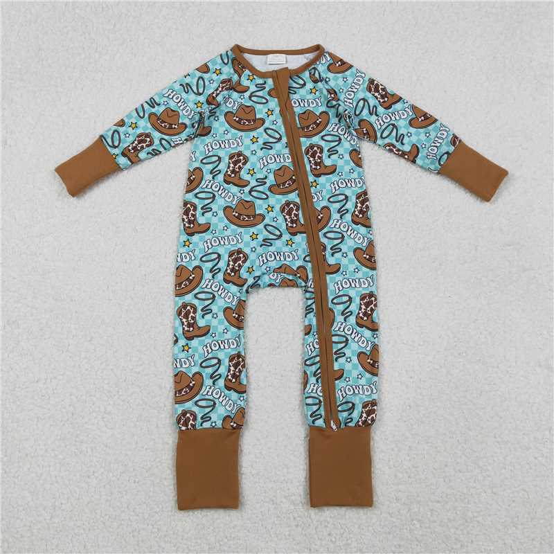 x12.11 LR2517 Howdy Cowboy Hat Boots Blue-Green Plaid Zipper Long-Sleeved Jumpsuit