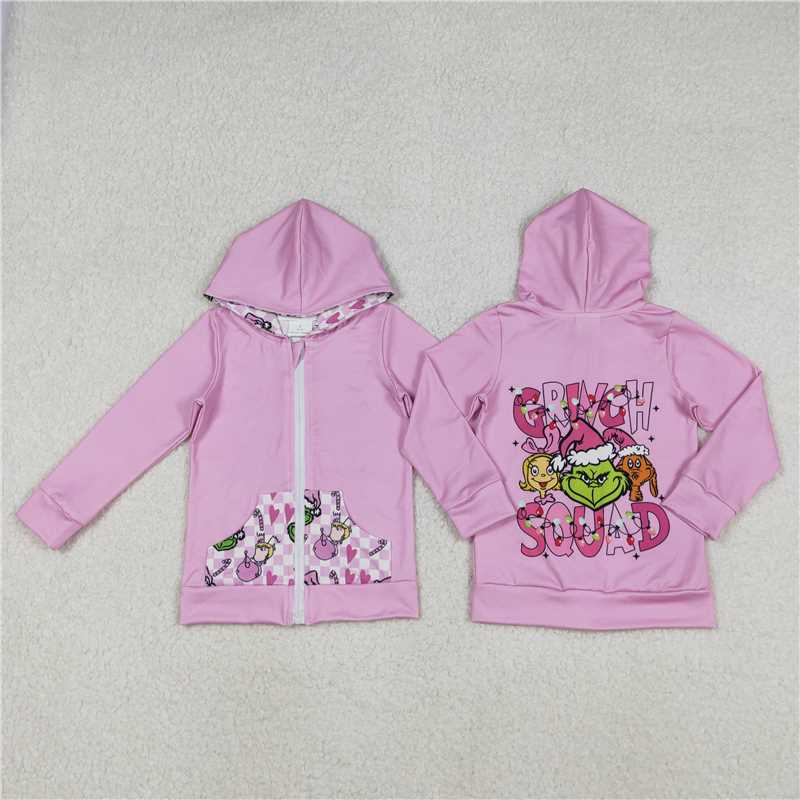 X11.4  GT1142 Grinch Squad Checkered Pocket Rose Pink Zip-Up Hooded Long-Sleeve Top