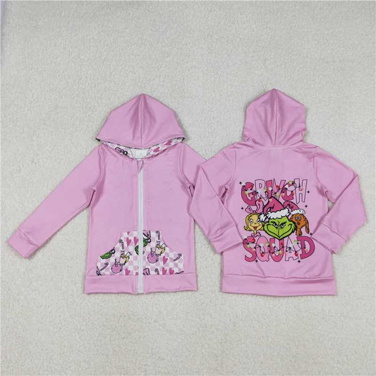 X11.4  GT1142 Grinch Squad Checkered Pocket Rose Pink Zip-Up Hooded Long-Sleeve Top