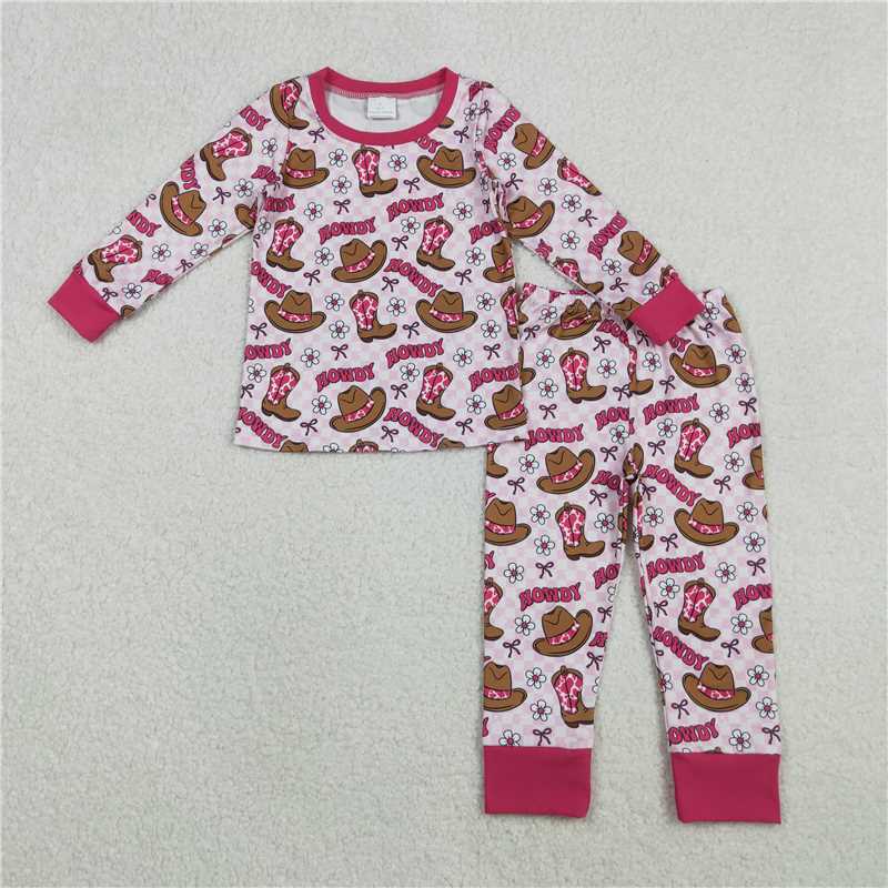 X11.3  GLP2664 Howdy Cowboy Hat, Boots, Floral Pink Plaid Long-Sleeved Set