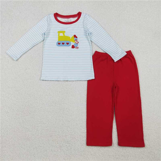 X11.10  BLP1302 Embroidered Valentine's Day Heart Envelope Bulldozer Blue Striped Long-Sleeved Shirt and Red Trousers Suit