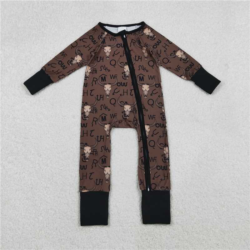 x12.11 LR2591 Character Mountain Bull Head Brown Zipper Long-Sleeved Jumpsuit