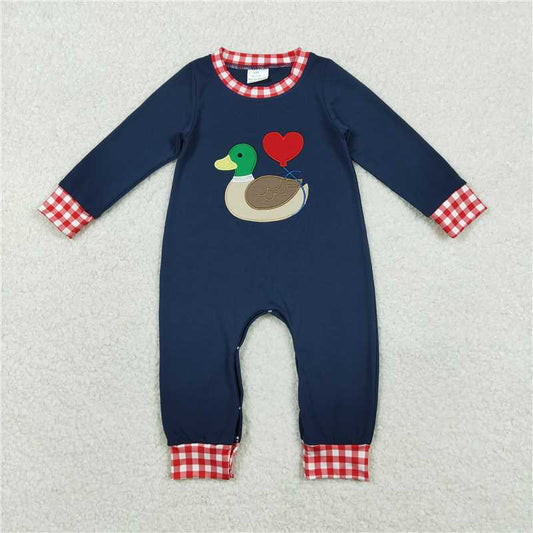 x12.12  LR2721 Embroidered Valentine's Day Heart Duck Red and White Checkered Navy Blue Long-Sleeved Jumpsuit