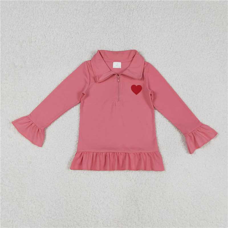 X12.4 GT1271 Embroidered Red Heart Pink Lace Zipper Long-Sleeved Top