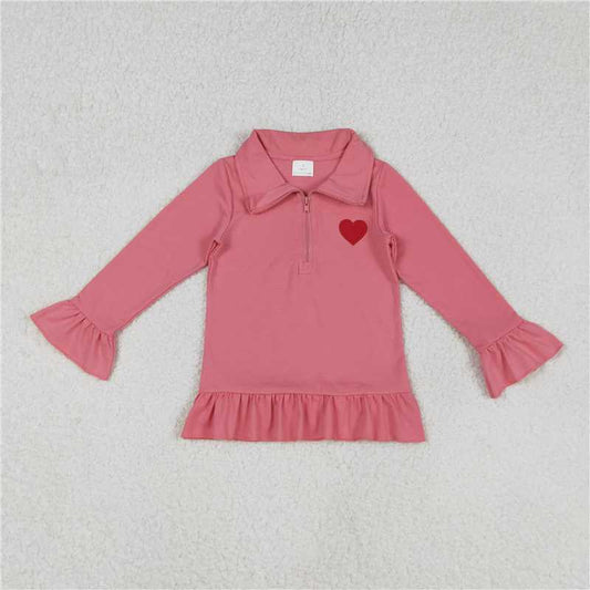X12.4 GT1271 Embroidered Red Heart Pink Lace Zipper Long-Sleeved Top