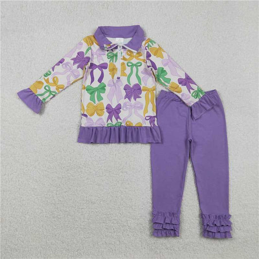 X12.3  GLP2823 Carnival Bow Pattern Purple Lace Zipper Long-Sleeved Trousers Set