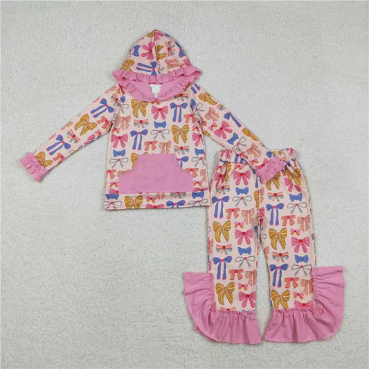 X12.6 GLP3049 Colorful Bow Pattern Rose Red Pocket Lace Hooded Long-Sleeved Trousers Set