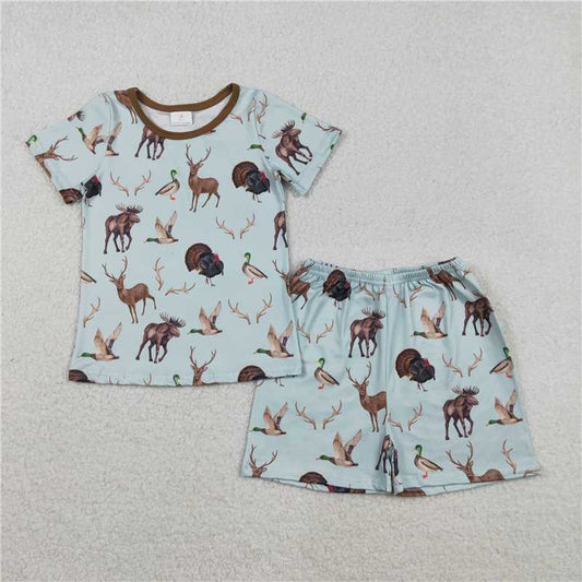 X12.5  GSSO2709 Duck, Reindeer, Turkey Blue-Brown Short-Sleeve Shorts Pajama Set