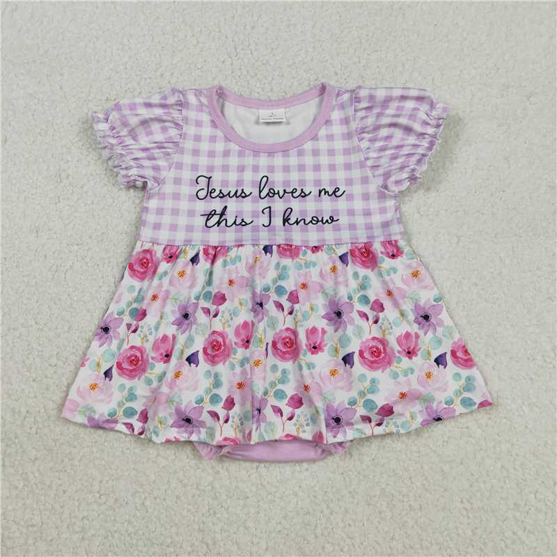 X12.4  SR3343 jesus loves me this i know floral purple plaid short-sleeved jumpsuit