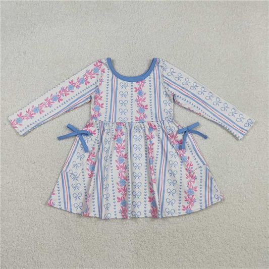 X12.4 GLD1427 Floral Bow Pattern Pocket Striped Long-Sleeved Dress