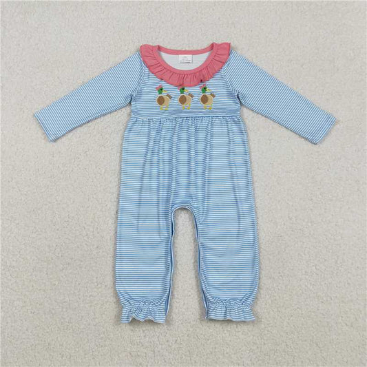 X12.5 LR2738 Embroidered Duck Blue Striped Rose Red Lace Long-Sleeved Jumpsuit