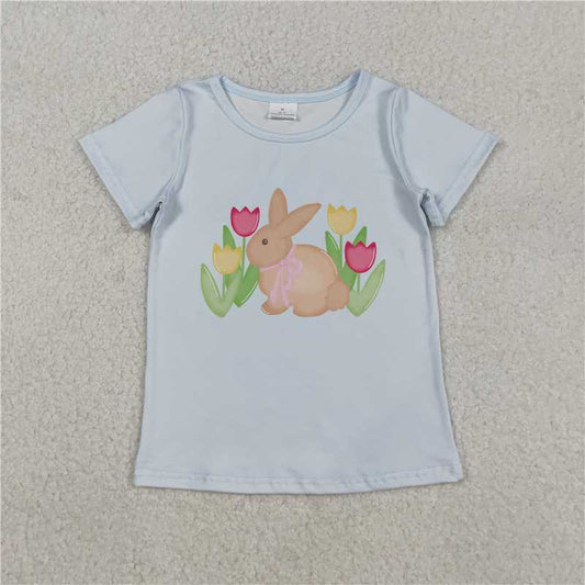 X12.2  GT1398 Blue Short-Sleeve Top with Floral Bow and Rabbit Design