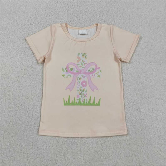 X12.2 GT1397 Yellow Short-Sleeve Top with Floral Cross and Bow Pattern