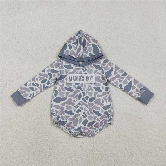 x12.12 LR2794 Embroidered Mama's Boy Gray-Blue Camouflage Hooded Long-Sleeved Jumpsuit