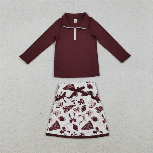 X12.3  GLD1384 GO TEAM Gold and Red Bow Pattern Trumpet Football Pocket Zipper Long Sleeve White Midi Skirt Yoga Set