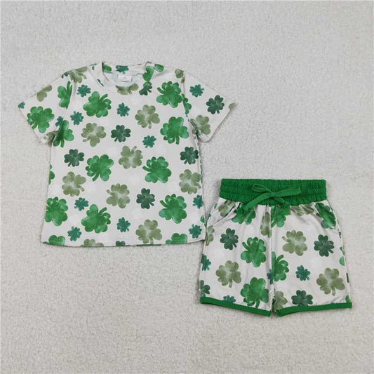 X12.5  GSSO2744 Four-leaf clover green short-sleeved shirt and shorts set