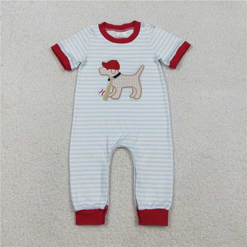 x12.10  SR3330 Embroidered Baseball Cap with Puppy, Blue Striped Short-Sleeve Jumpsuit