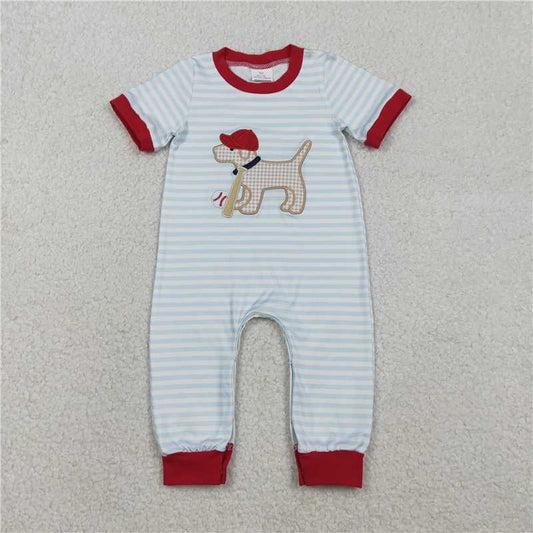 x12.10  SR3330 Embroidered Baseball Cap with Puppy, Blue Striped Short-Sleeve Jumpsuit