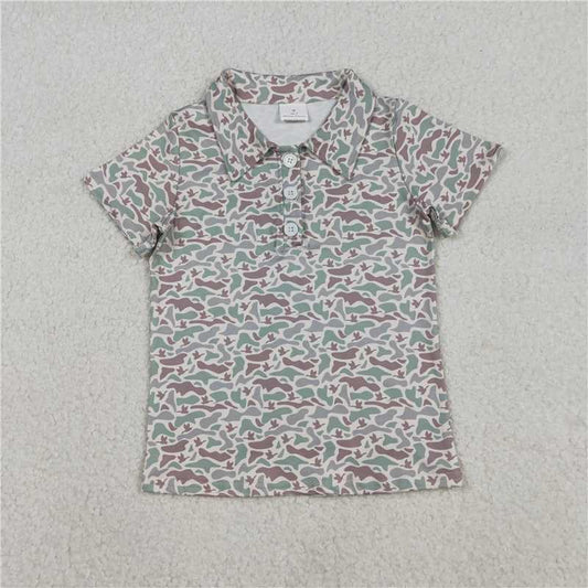 X12.30 BT1354 Light brown-green camouflage duck button short-sleeved top