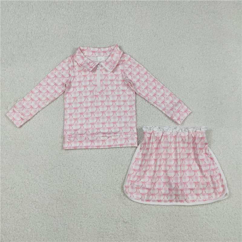 X12.24  GLD1014 Pink plaid long-sleeved lace-trimmed culottes set with bow pattern and white zipper