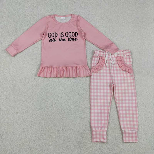 X12.24  GLP3038 God is good all the time Pink long-sleeved plaid trousers set