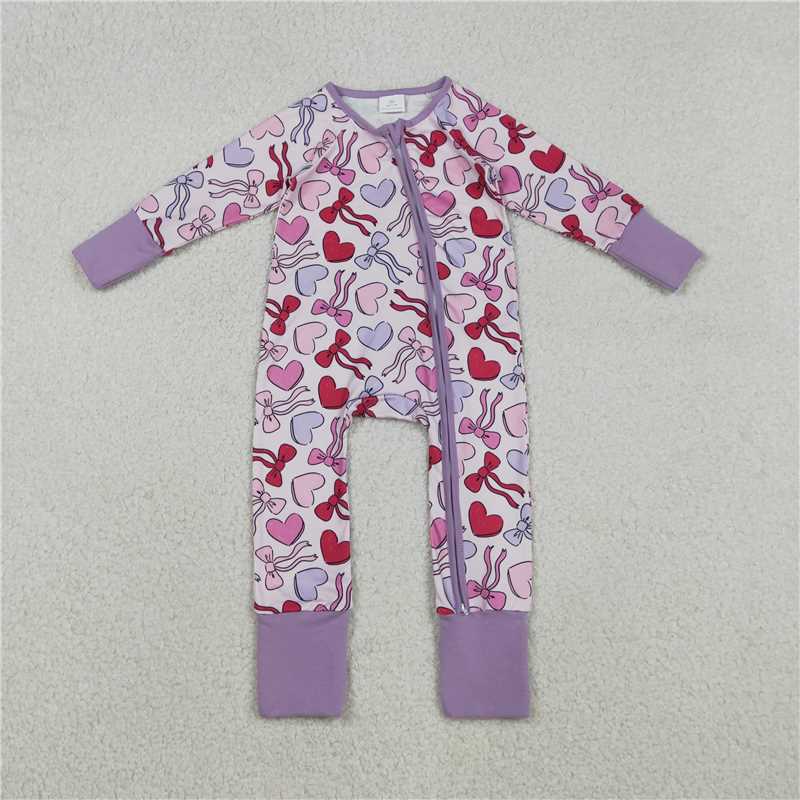 X12.4  LR2883 Heart-shaped bow pattern pinkish-purple zip-up long-sleeved jumpsuit
