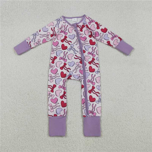 X12.4  LR2883 Heart-shaped bow pattern pinkish-purple zip-up long-sleeved jumpsuit
