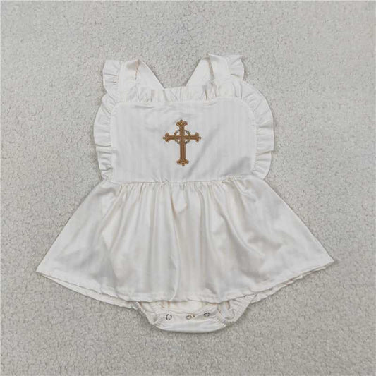 SR3306 Embroidered Cross Bow Lace Beige Vest Jumpsuit